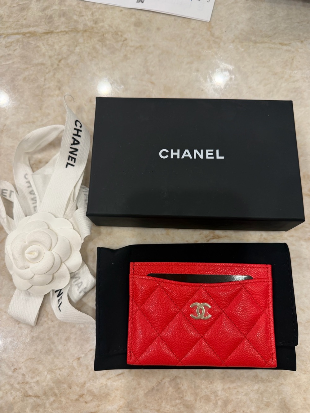 Authentic CHANEL Red Quilted Card Holder with CC Logo